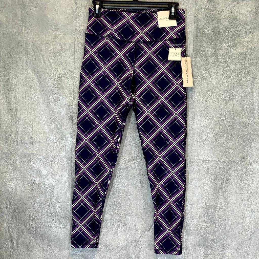 BCBGENERATION Women's Black-Purple Plaid High-Rise Pull-On Stretch Crop Leggings SZ M