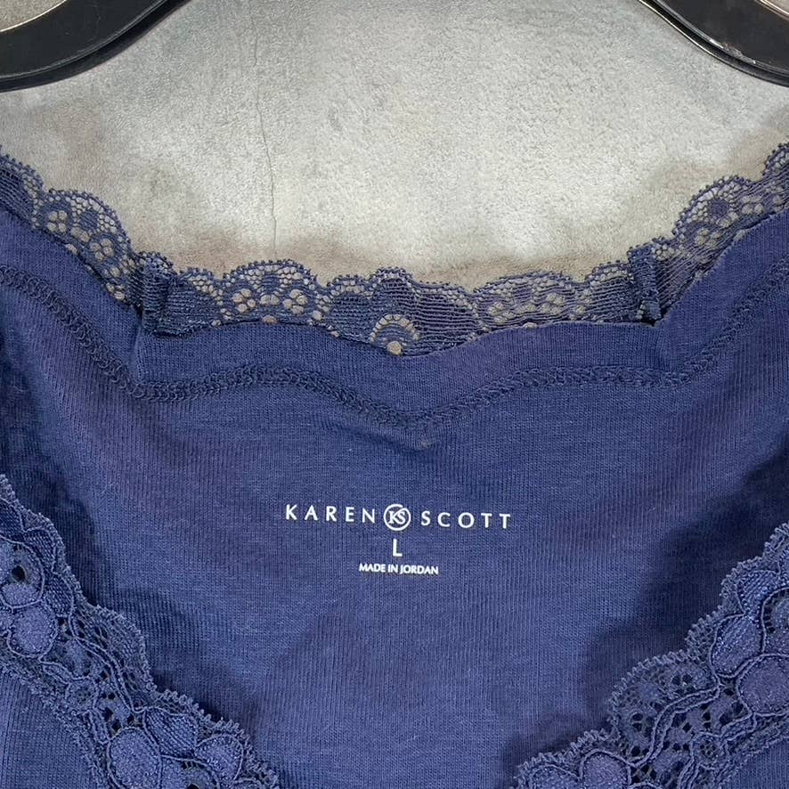KAREN SCOTT Women's Intrepid Blue Cotton Scoop-Neck Scalloped-Lace Tank Top SZ L