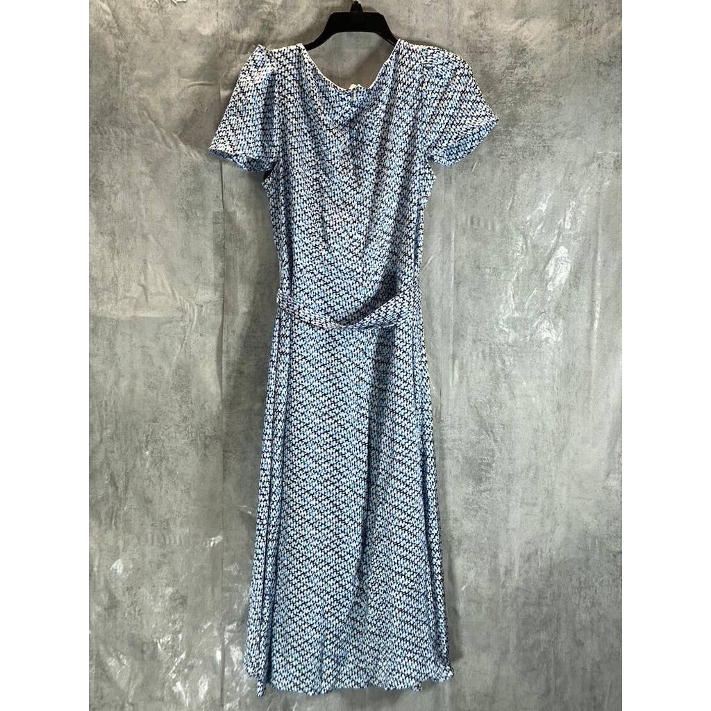 DKNY Women's Blue Printed Flutter-Sleeve V-Neck Faux-Wrap Dress SZ 14