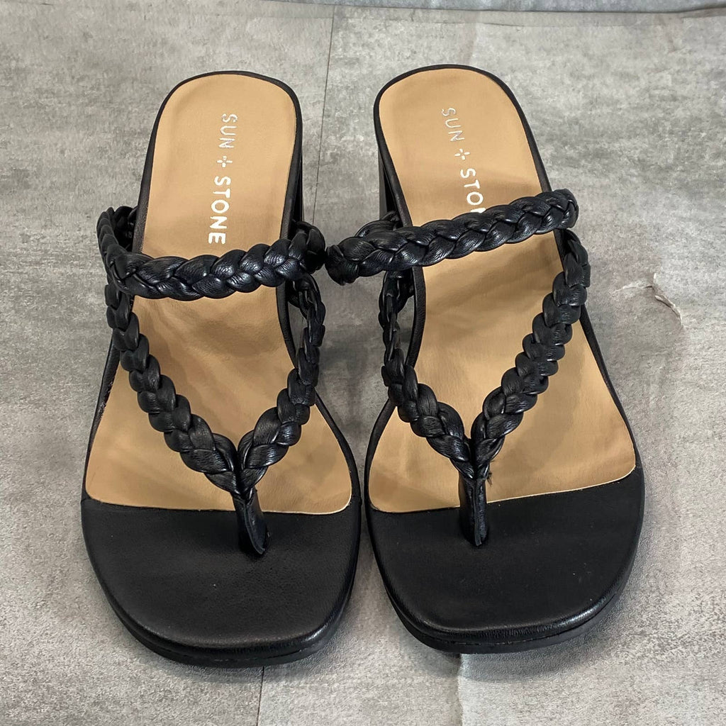 SUN+STONE Women's Black Wiinie Braided Round-Toe Block-Heel Dress Sandals SZ 6