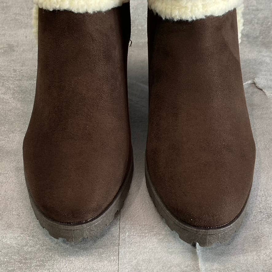 OLIVIA MILLER Women's Brown Faux-Sterling Trim Round-Toe Block-Heel Booties