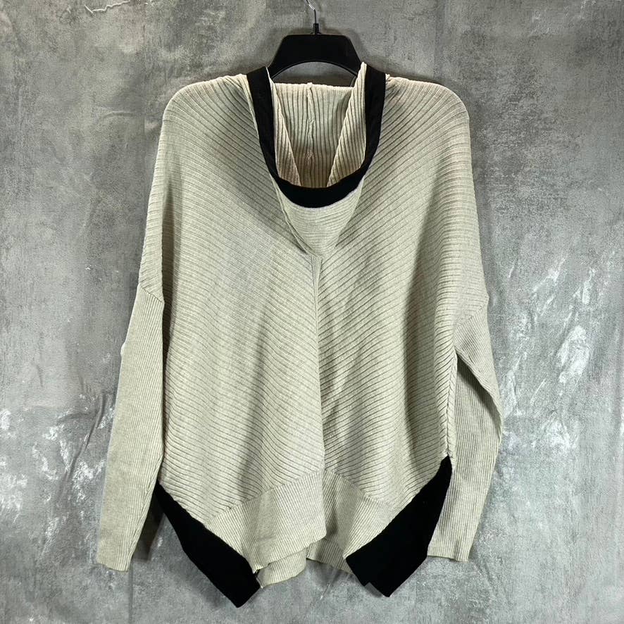 BLACK TAPE Women's Oatmeal Heather/Black Ribbed Hooded Drawstring Sweater SZ M