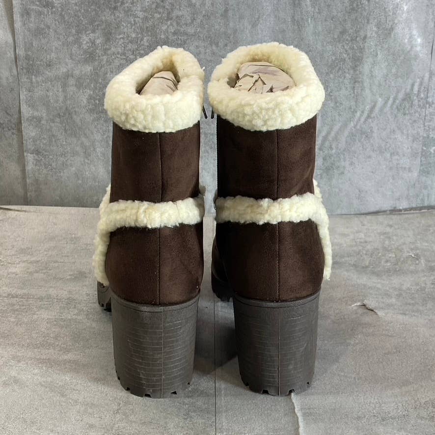 OLIVIA MILLER Women's Brown Faux-Sterling Trim Round-Toe Block-Heel Booties