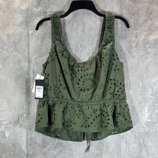 GUESS Women's Lichen Leaf Green Multi Larisen Cotton Eyelet Peplum Top SZ L