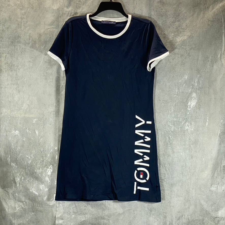 TOMMY HILFIGER Women's Navy Crewneck Vertical Logo Mini T-Shirt Dress SZ S