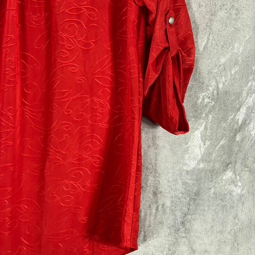 NY COLLECTION Women's Red 3/4 Roll Tab Zip-Front Jacquard Knit Top SZ M