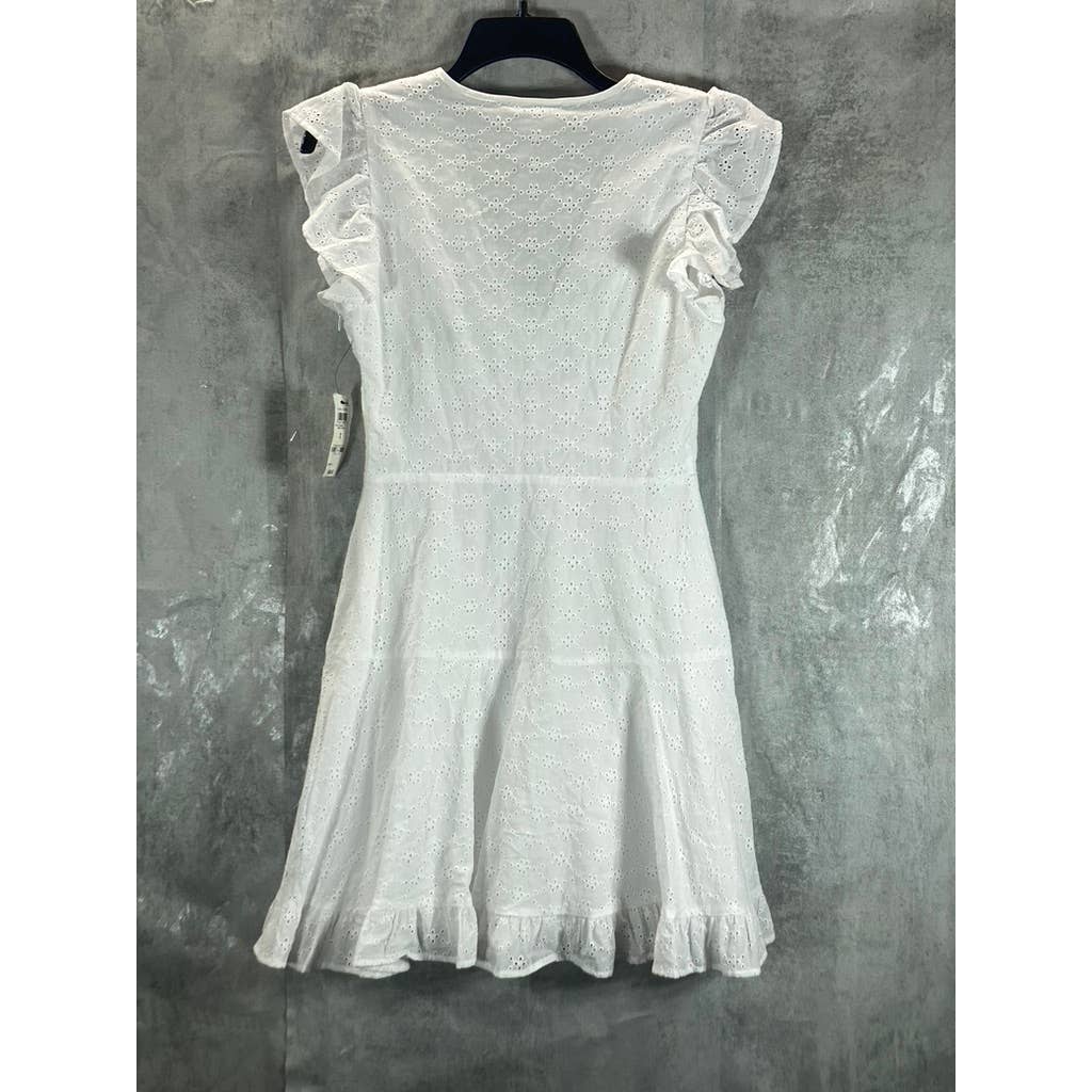 BAR III Women's Bright White Eyelet Ruched V-Neck Flutter Short Sleeve Dress