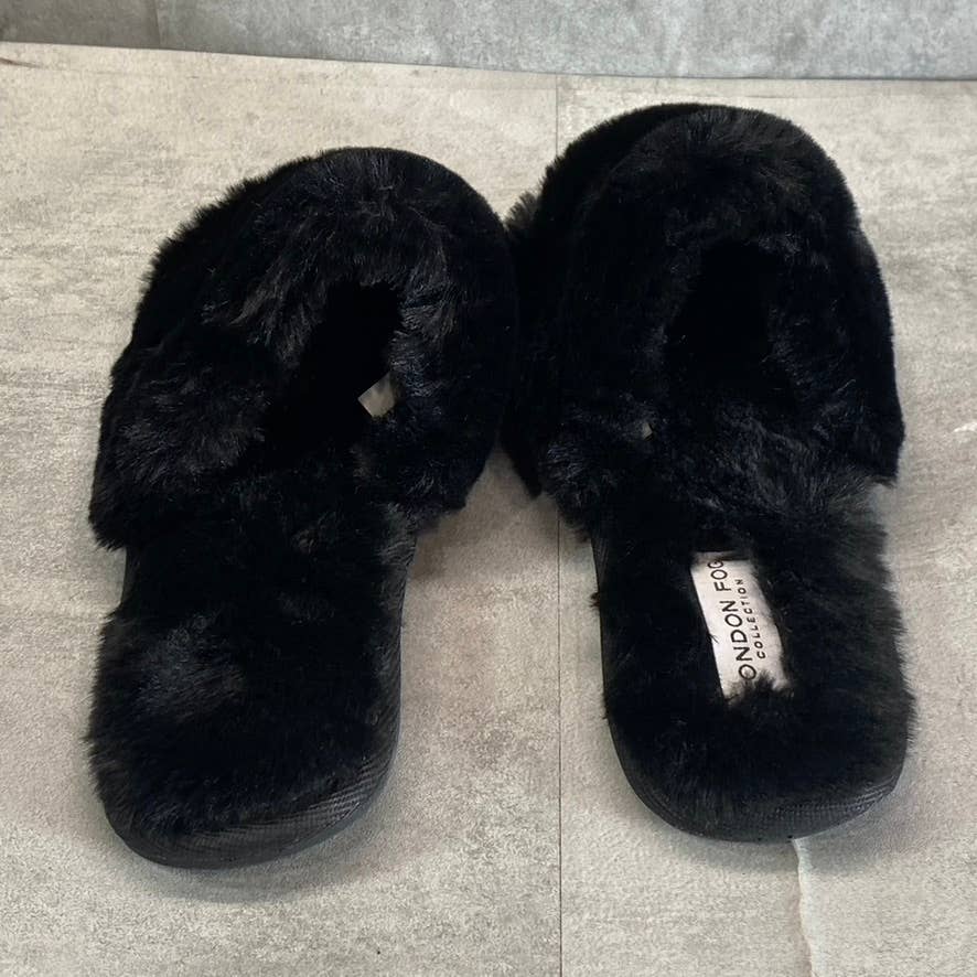 LONDON FOG Women's Black Faux-Fur Lilly Round-Toe Slide Flat Slippers SZ 8