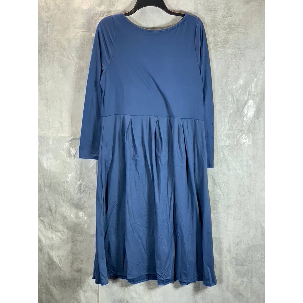 24SEVEN COMFORT APPAREL Women's Medium Blue Round-Neck Long-Sleeve Midi Dress
