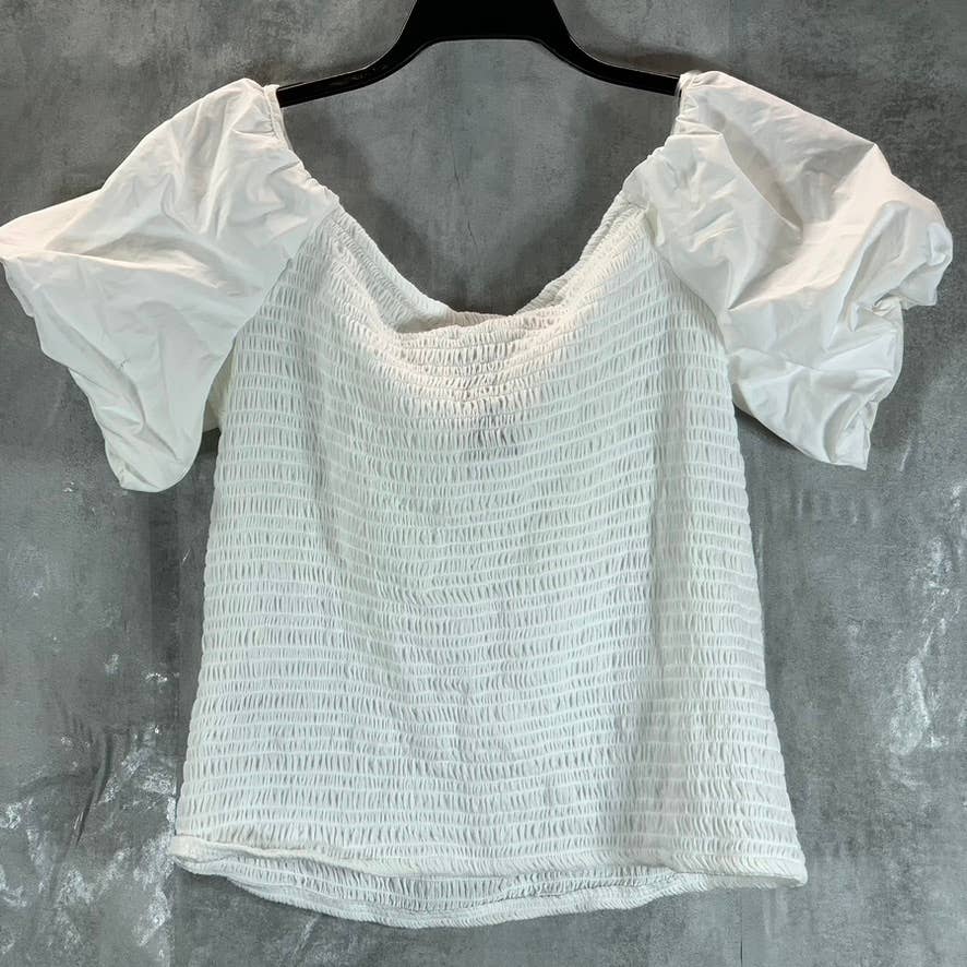 INC INTERNATIONAL CONCEPTS Women's Washed White Smocked Puff-Sleeve Top SZ XL