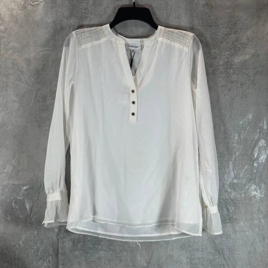 CALVIN KLEIN Women's Soft White V-Neck Smocked-Shoulder Popover Blouse SZ XS