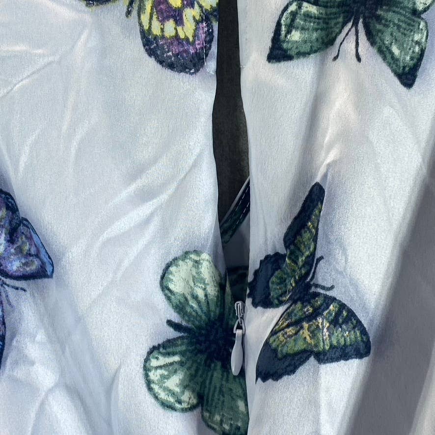 NINA PARKER Women's Plus Blue Butterfly Satin Trendy V-Neck Long-Sleeve Romper