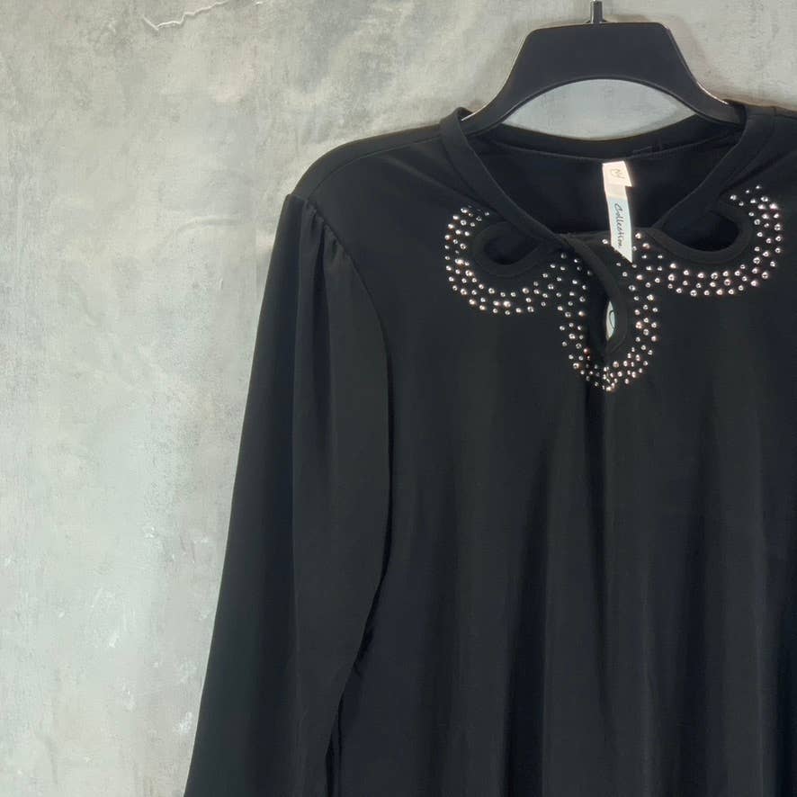 NY COLLECTION Women's Black Rhinestone Embellished 3/4 Sleeve Knit Crepe Top SZL