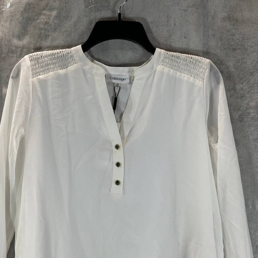 CALVIN KLEIN Women's Soft White V-Neck Smocked-Shoulder Popover Blouse SZ XS