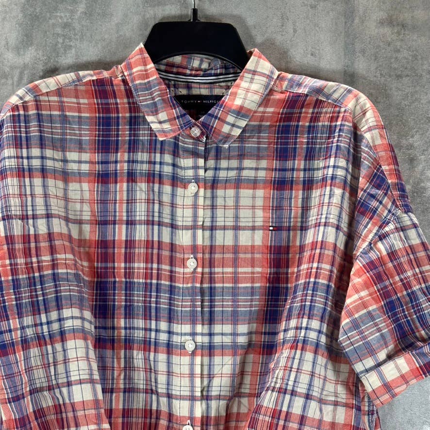 TOMMY HILFIGER Women's Yasmin-Plaid Red Cotton Oversized Tie-Front Top SZ S