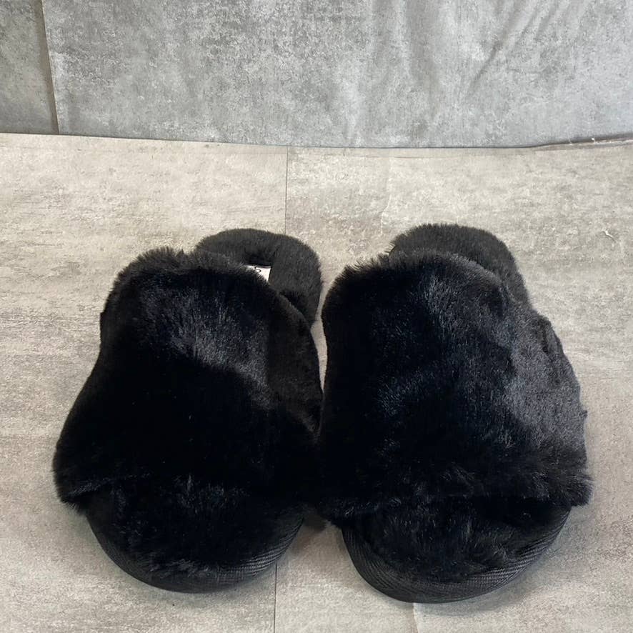 LONDON FOG Women's Black Faux-Fur Lilly Round-Toe Slide Flat Slippers SZ 8