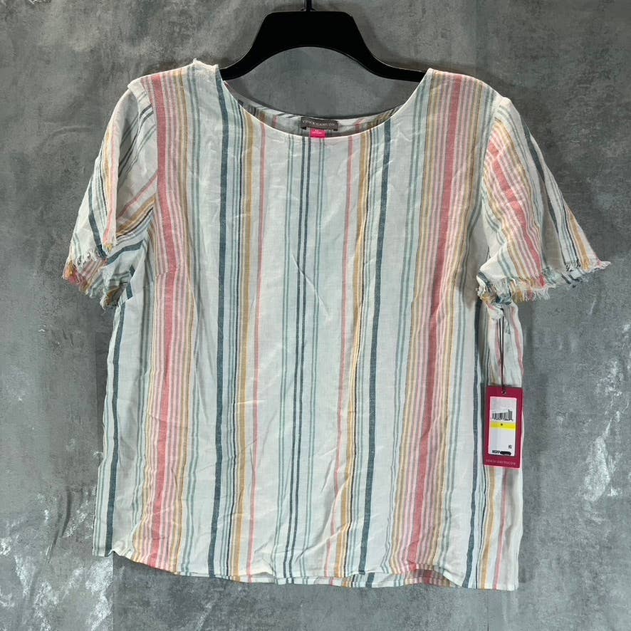 VINCE CAMUTO Women's Beach Stripe Scoop-Neck Frayed Short Sleeve Top SZ M