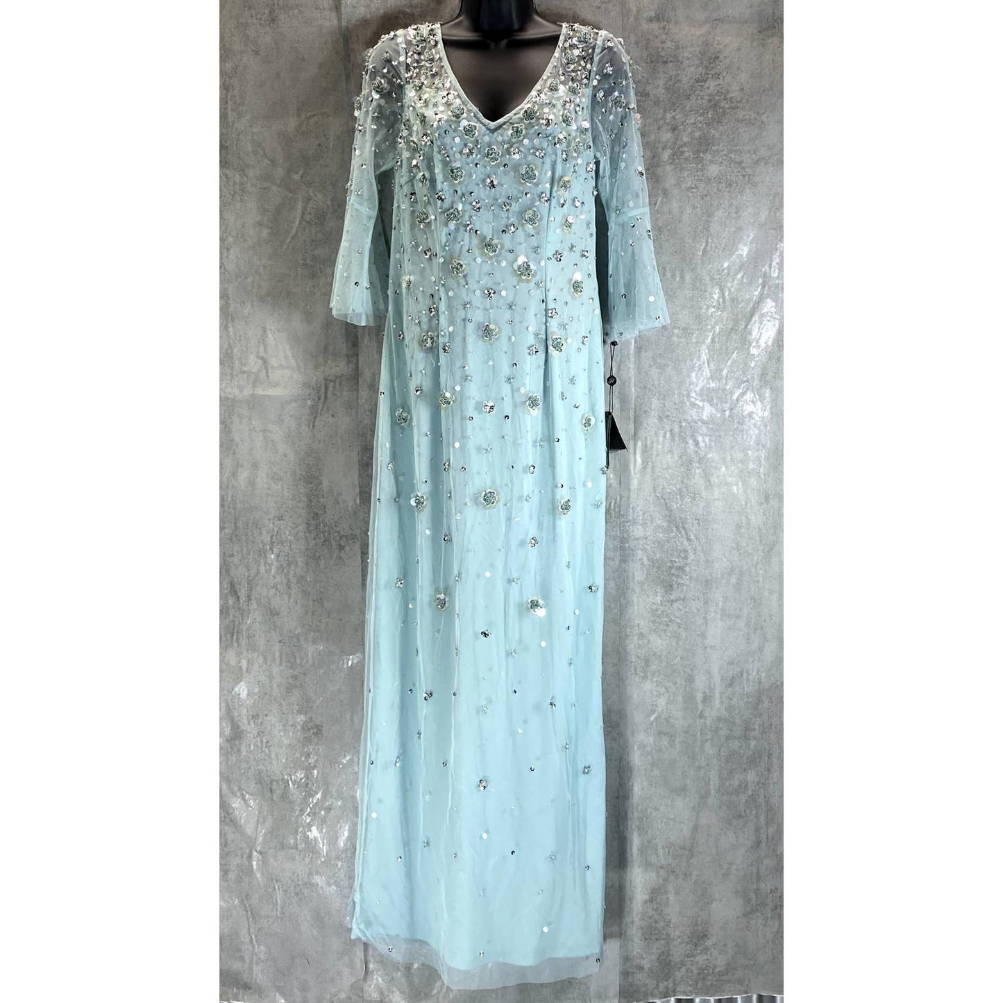 ADRIANNA PAPELL Women's Sea Glass Beaded 3D Floral V-Neck 3/4 Sleeve Maxi Gown