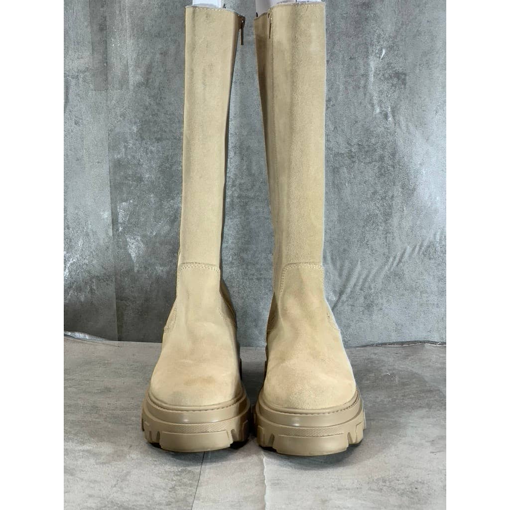 STEVE MADDEN Women's Sand Suede Esma Tall Lug Sole Block Heel Boots SZ 6.5