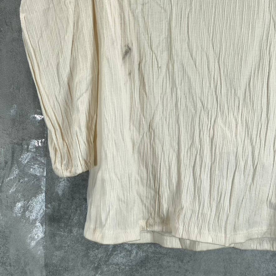 BAR III Women's Ivory Puff-Sleeve Straight-Neck Textured Top SZ L