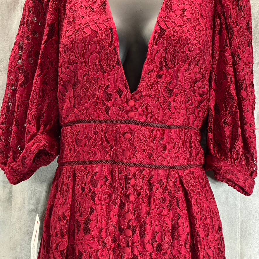 BARDOT Women's Crimson Red Kira Lace Button-Detail V-Neck Fit & Flare Mini Dress