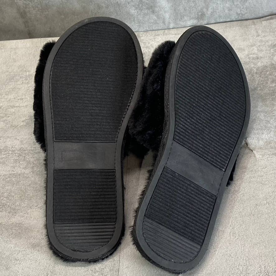 LONDON FOG Women's Black Faux-Fur Lilly Round-Toe Slide Flat Slippers SZ 8