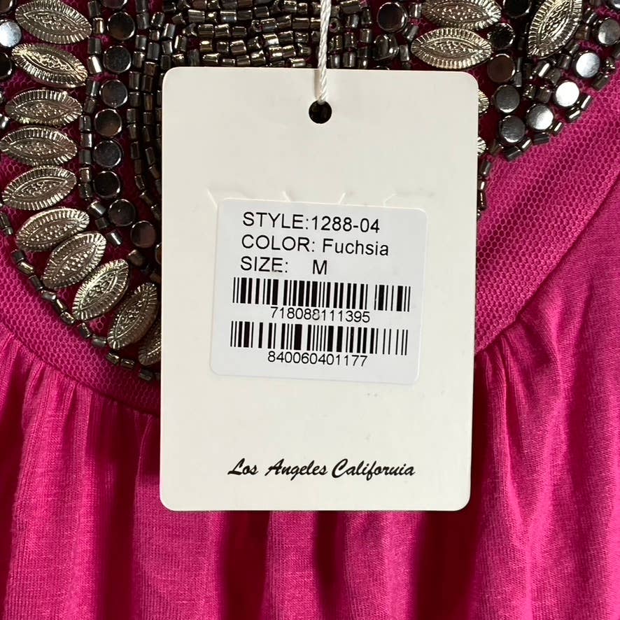 WHITE MARK Women's Fuchsia Beaded Short Sleeve Shark Bite Hem Tunic Top SZ M