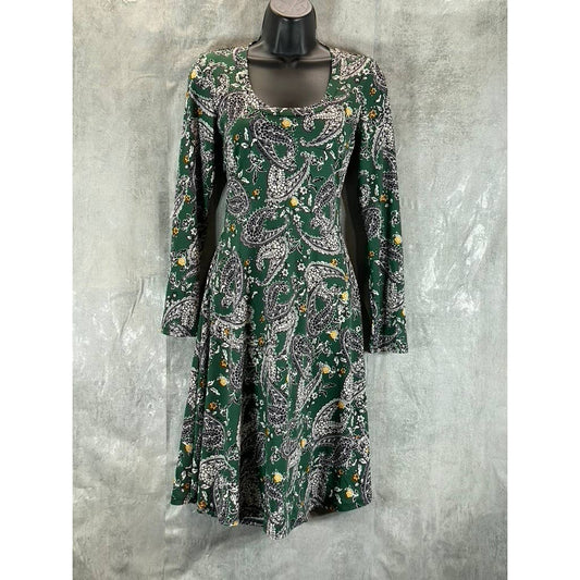 24SEVEN Comfort Apparel Women's Green Paisley-Print Scoop-Neck Long-Sleeve Dress