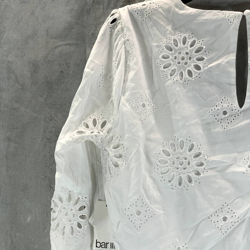 BAR III Women's White Cotton V-Neck Ruffled Eyelet Long-Sleeve Top SZ M