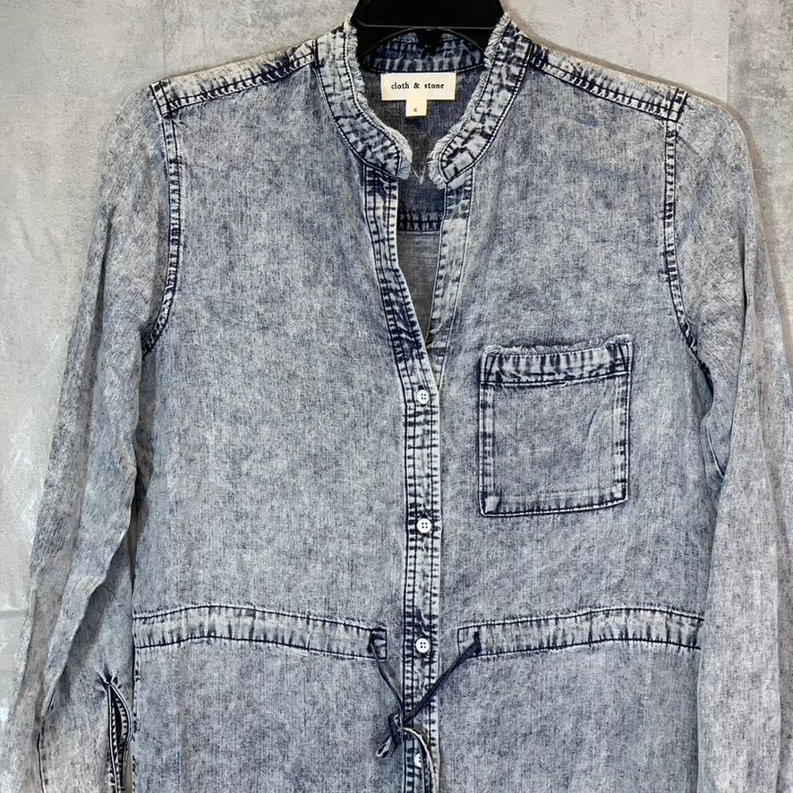 CLOTH & STONE Women's Acid Wash Frayed Banded Collar Button-Up Long Sleeve Mini Shirt Dress SZ S