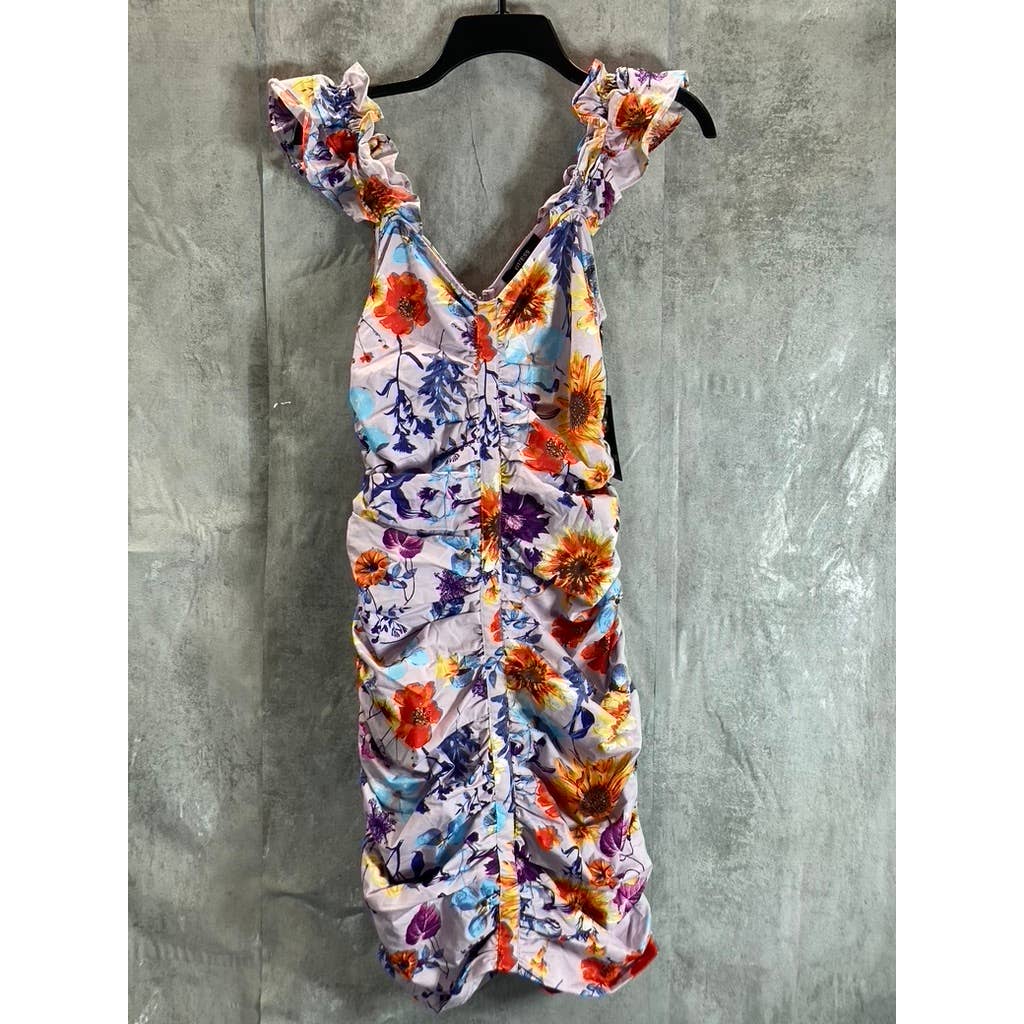 GUESS Women's Lilac Multi Floral V-Neck Ruched Bodycon Mini Sheath Dress SZ 2