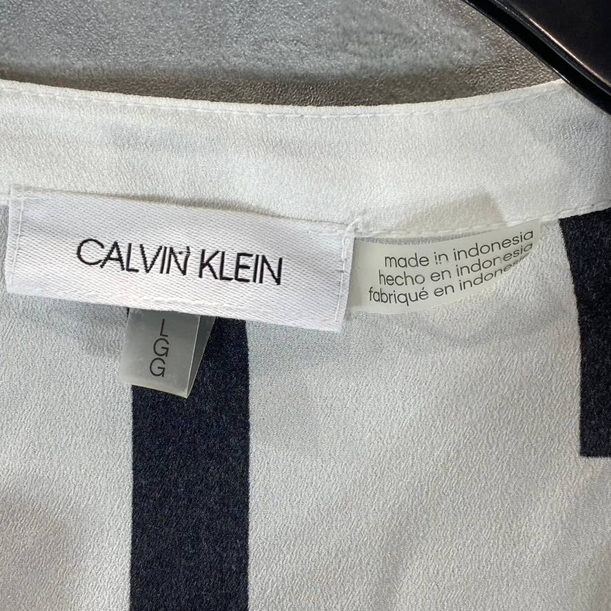 CALVIN KLEIN Women's Black-White Split-Neck Logo Button-Front Top SZ L