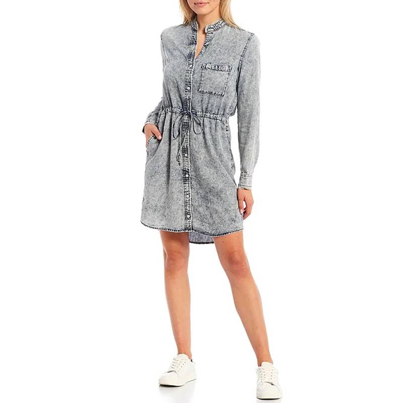 CLOTH & STONE Women's Acid Wash Frayed Banded Collar Button-Up Long Sleeve Mini Shirt Dress SZ S