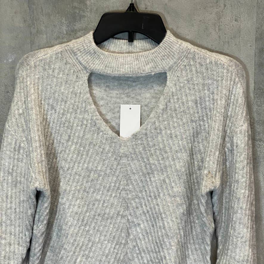 HOOKED UP Women's Grey Melange V-Neck Cutout Ribbed Soft Pullover Sweater SZ S