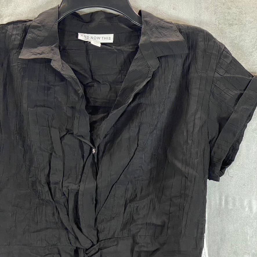 AND NOW THIS Women's Jet Black Twisted-Front Crinkle Short Sleeve Crop Top SZ L
