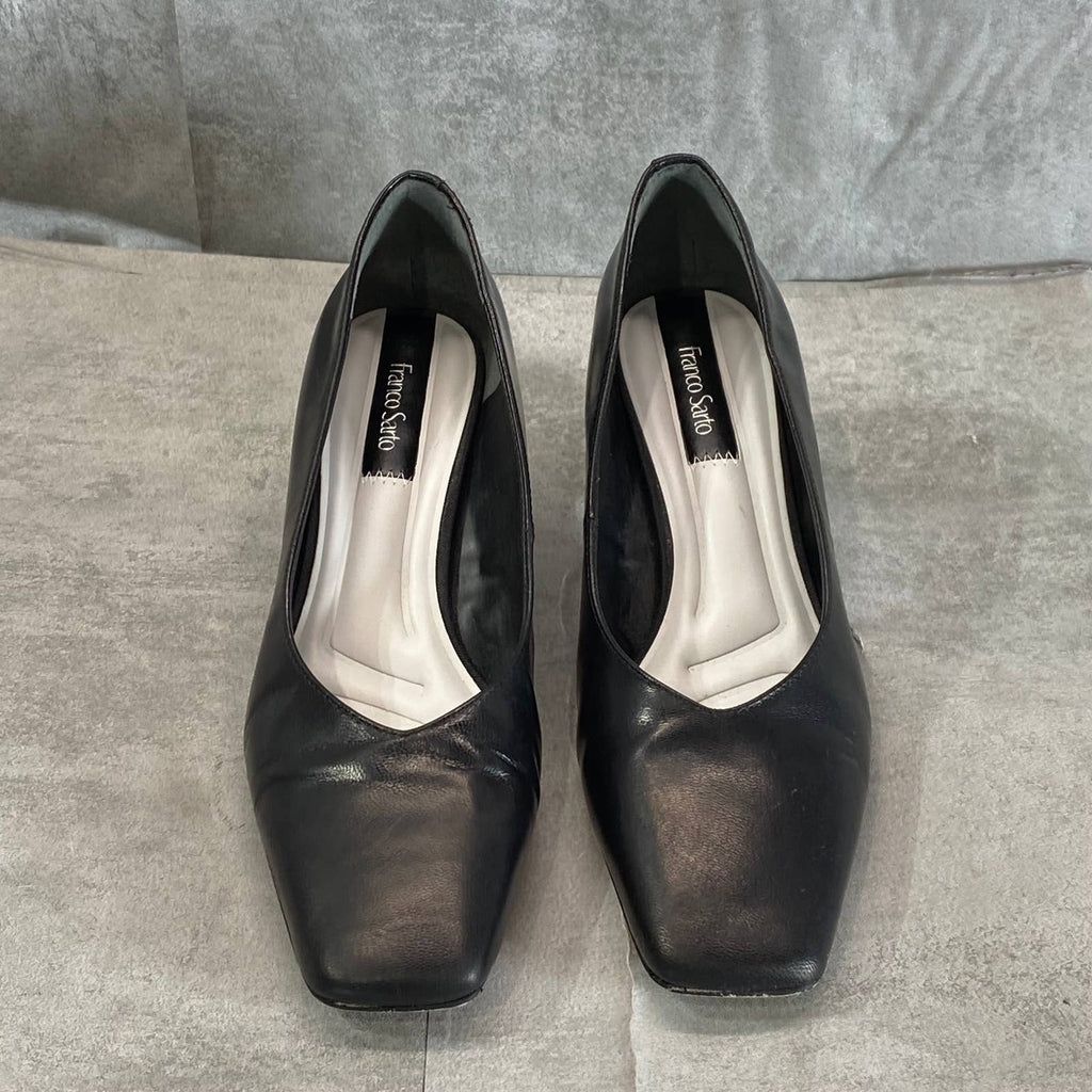 FRANCO SARTO Women's Black Leather Pisa Square-Toe Round-Heel Pumps SZ 9.5