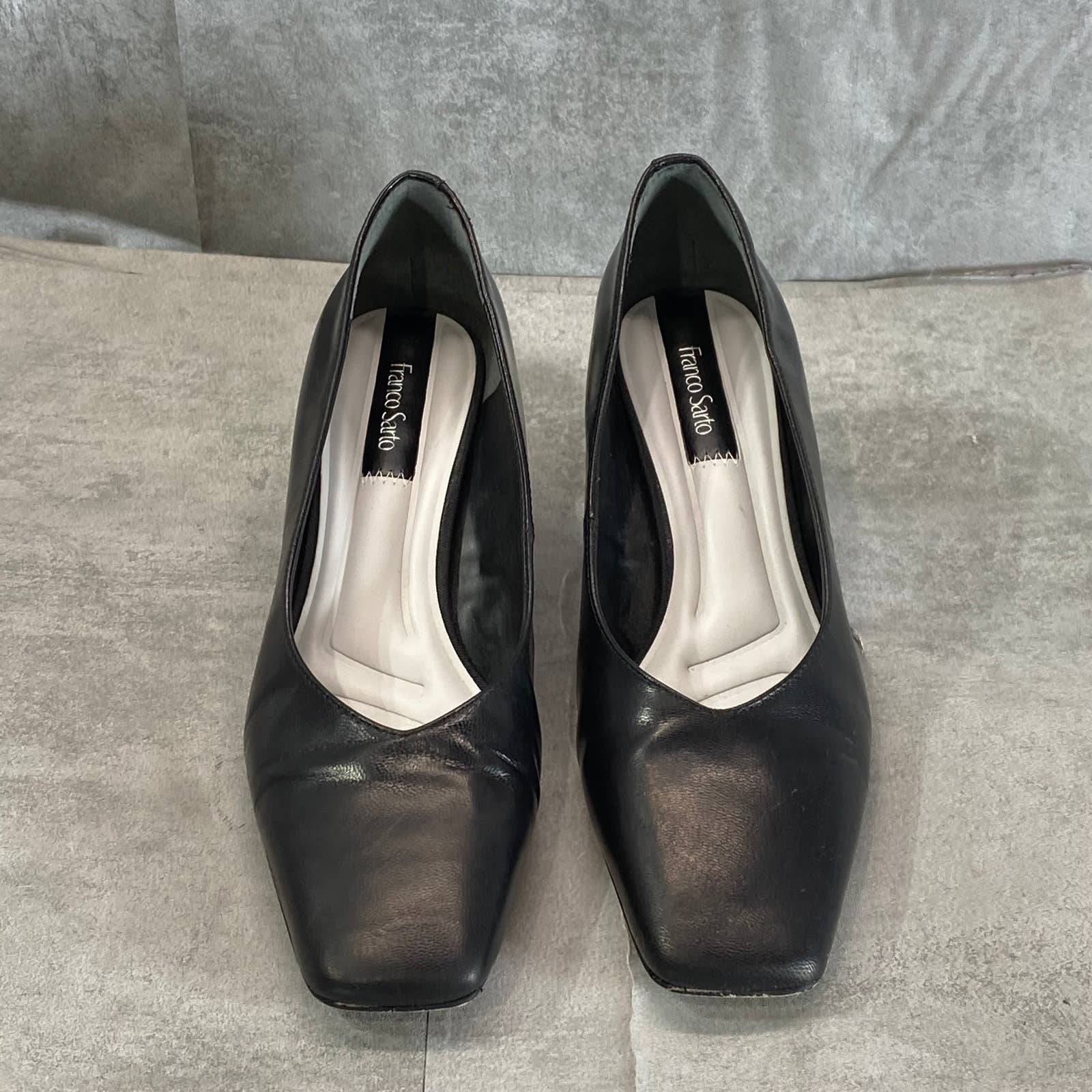 FRANCO SARTO Women's Black Leather Pisa Square-Toe Round-Heel Pumps SZ 9.5