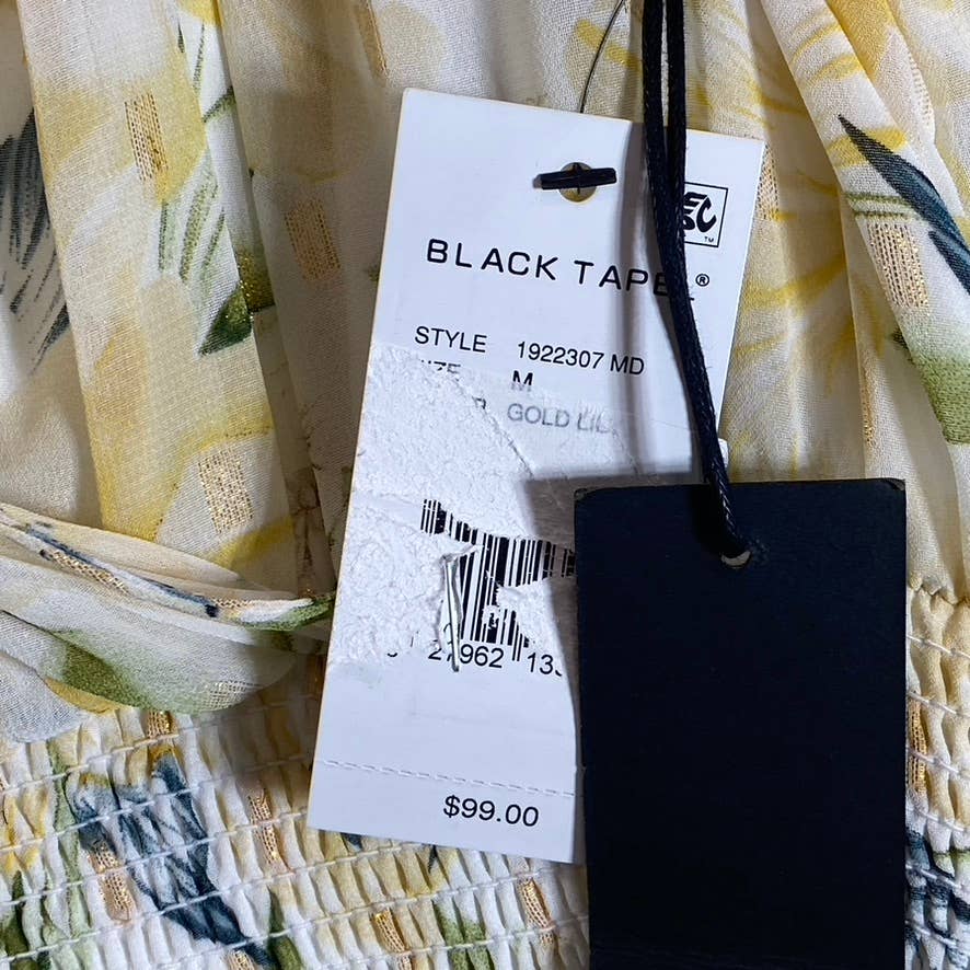 BLACK TAPE Women's Gold Lily Women's Faux-Wrap Smocked Flutter Sleeve Dress SZ M