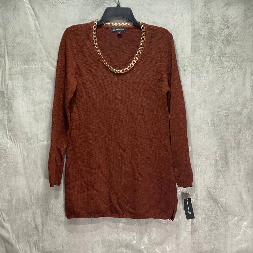 INC INTERNATIONAL CONCEPTS Deep Sienna Chain-Embellished Long Sleeve Tunic Pullover Sweater SZ M