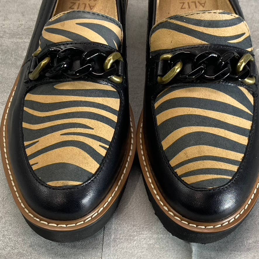 NATURALIZER Women's Black-Creme Zebra Print Chain-Detail Agnes Slip-On Loafers