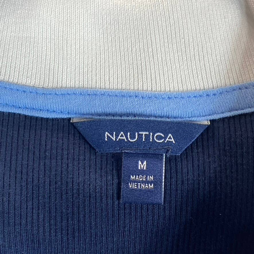 NAUTICA Women's Navy Split Spread Collar Ribbed Short Sleeve Polo Top SZ M