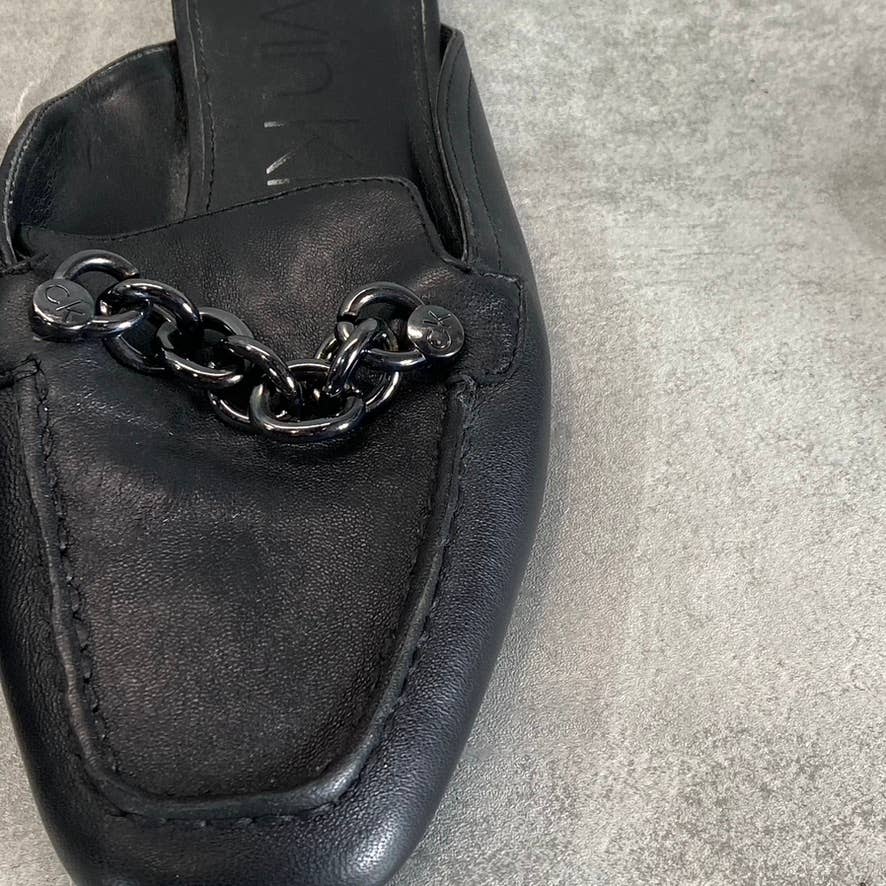 CALVIN KLEIN Women's Black Leather Ella Chain Square-Toe Loafer Mules SZ 6.5