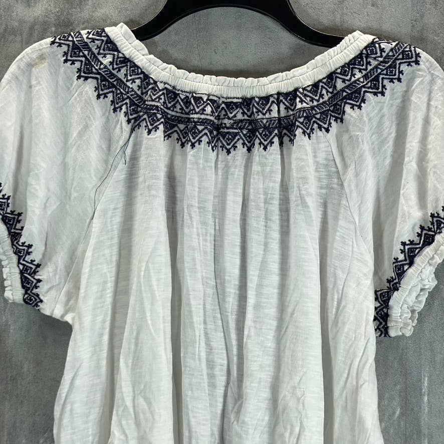 STYLE & CO Women's Bright White Embroidered-Trim Tie-Neck Short Sleeve Top SZ S