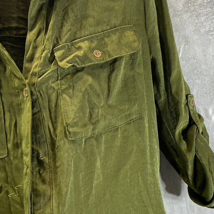 KINGSTON GREY Juniors' Olive Ruffle-Hem Long-Sleeve Button-Front Shirtdress SZXS