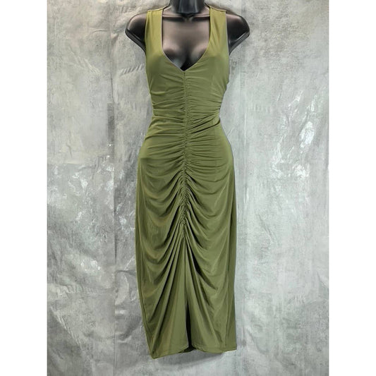 INC INTERNATIONAL CONCEPTS Women's Burnt Olive V-Neck Ruched Midi Dress SZ M