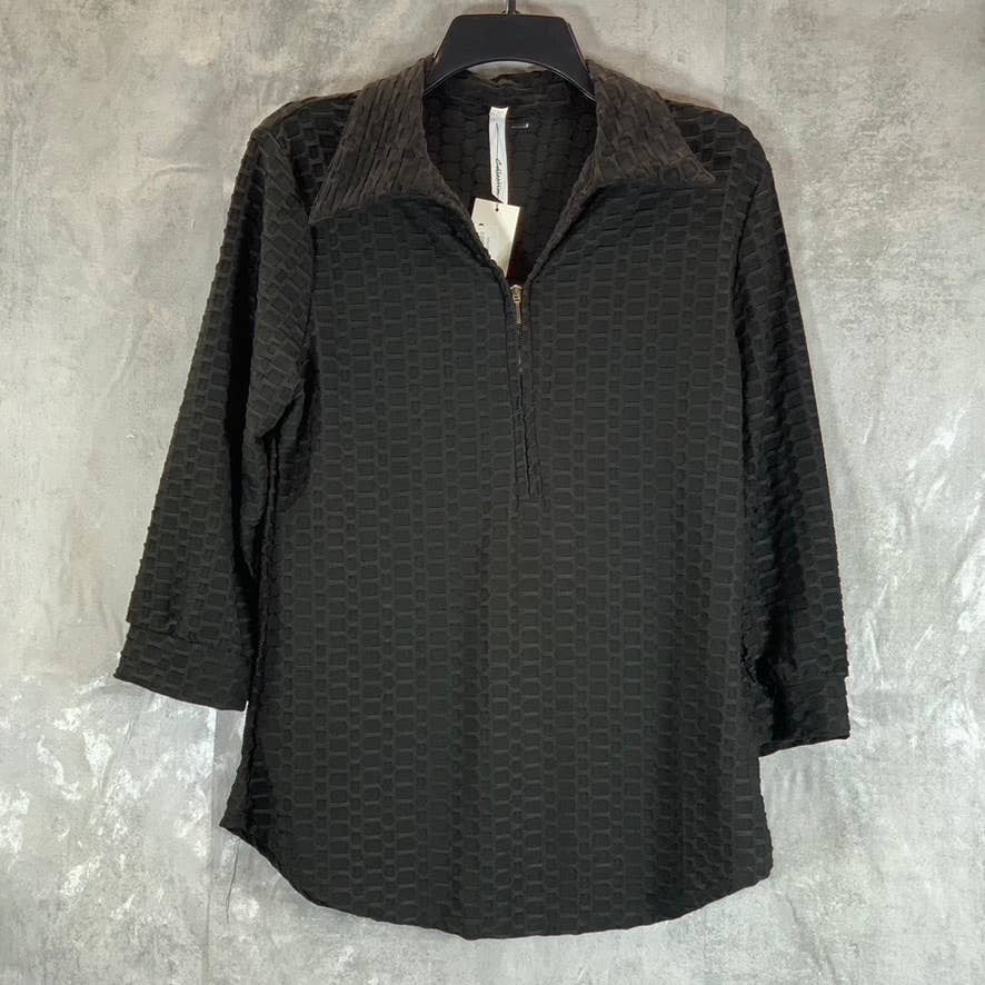 NY COLLECTION Women's Black Honeycomb Half-Zip 3/4 Sleeve Dolphin Hem Top SZ L