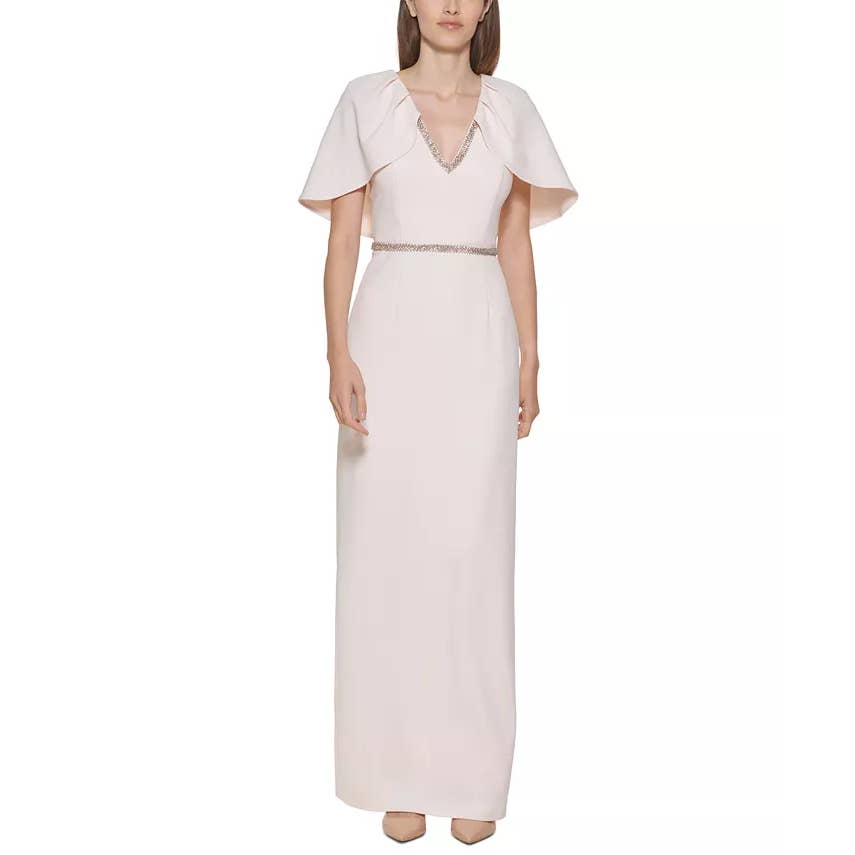 CALVIN KLEIN Women's Blossom Rhinestone-Waist V-Neck Cape-Sleeve Gown SZ 16