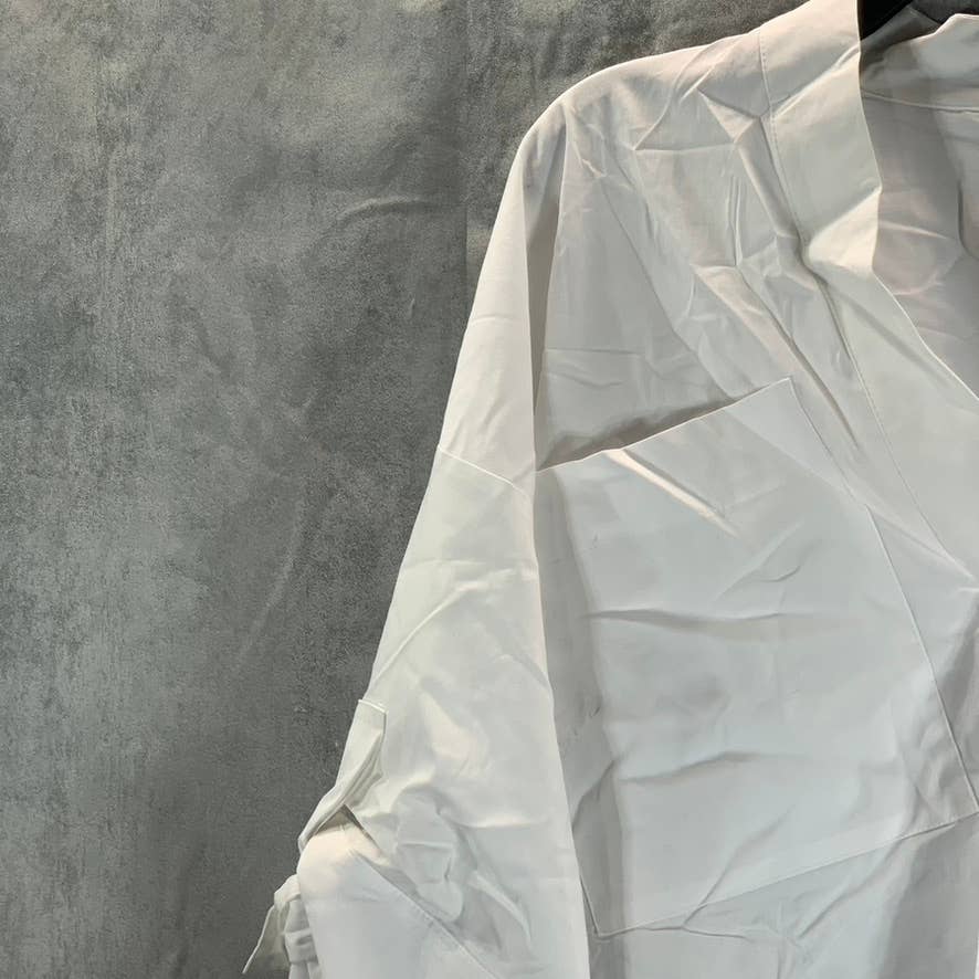 CALVIN KLEIN Women's White Solid V-Neck Elbow Tie-Sleeve Poplin Top SZ S