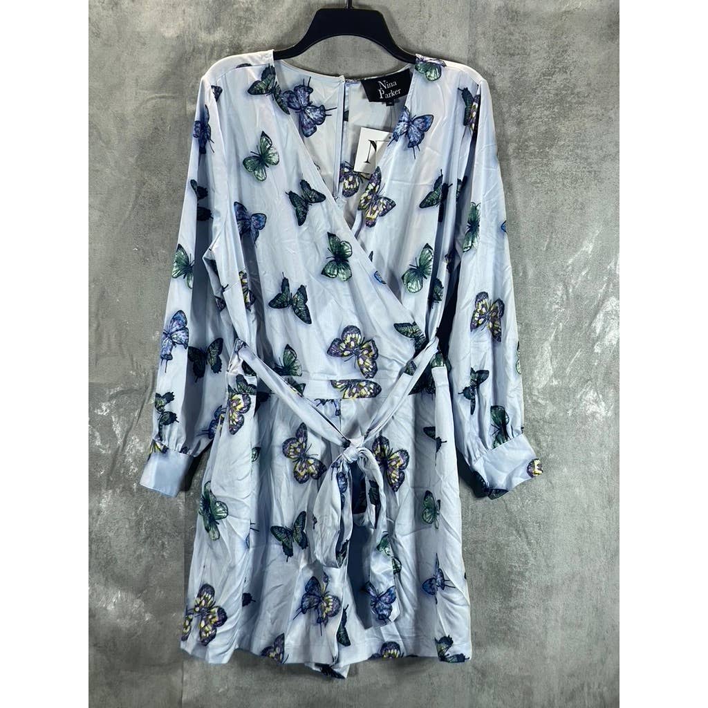 NINA PARKER Women's Plus Blue Butterfly Satin Trendy V-Neck Long-Sleeve Romper