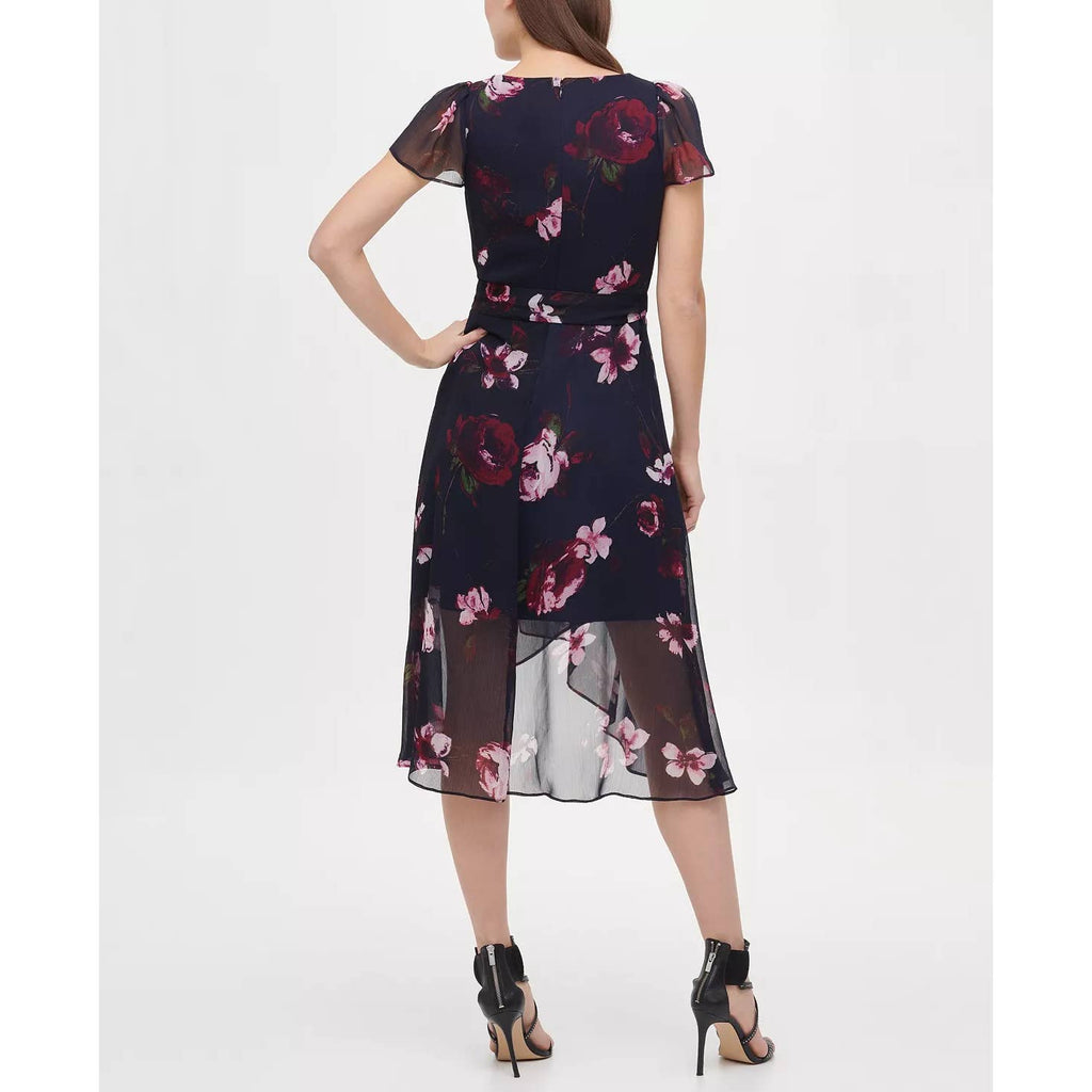 DKNY Women's Midnight Navy Flutter-Sleeve V-Neck Hi-Low Wrap Midi Dress SZ 4